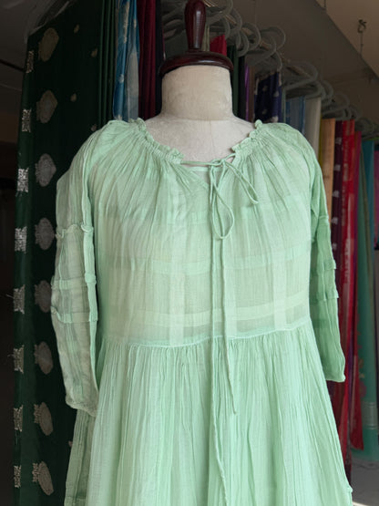 Sea green pure cotton self design one piece dress