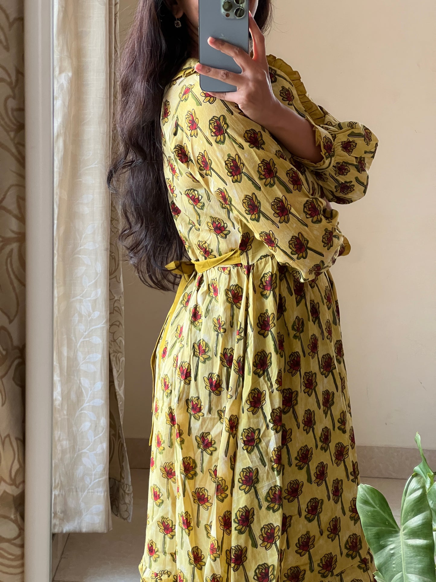 A0375 yellow pure cotton Hand block print frock with Peter collar neck and back tie up
