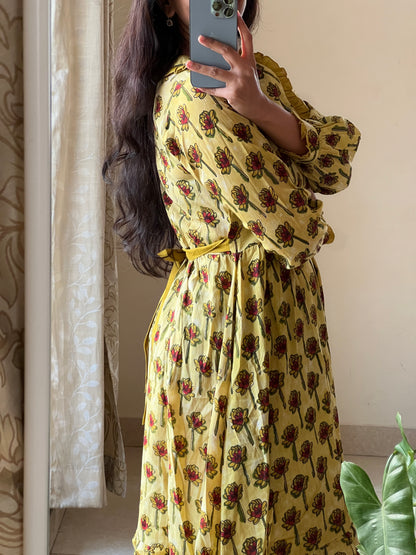 A0375 yellow pure cotton Hand block print frock with Peter collar neck and back tie up