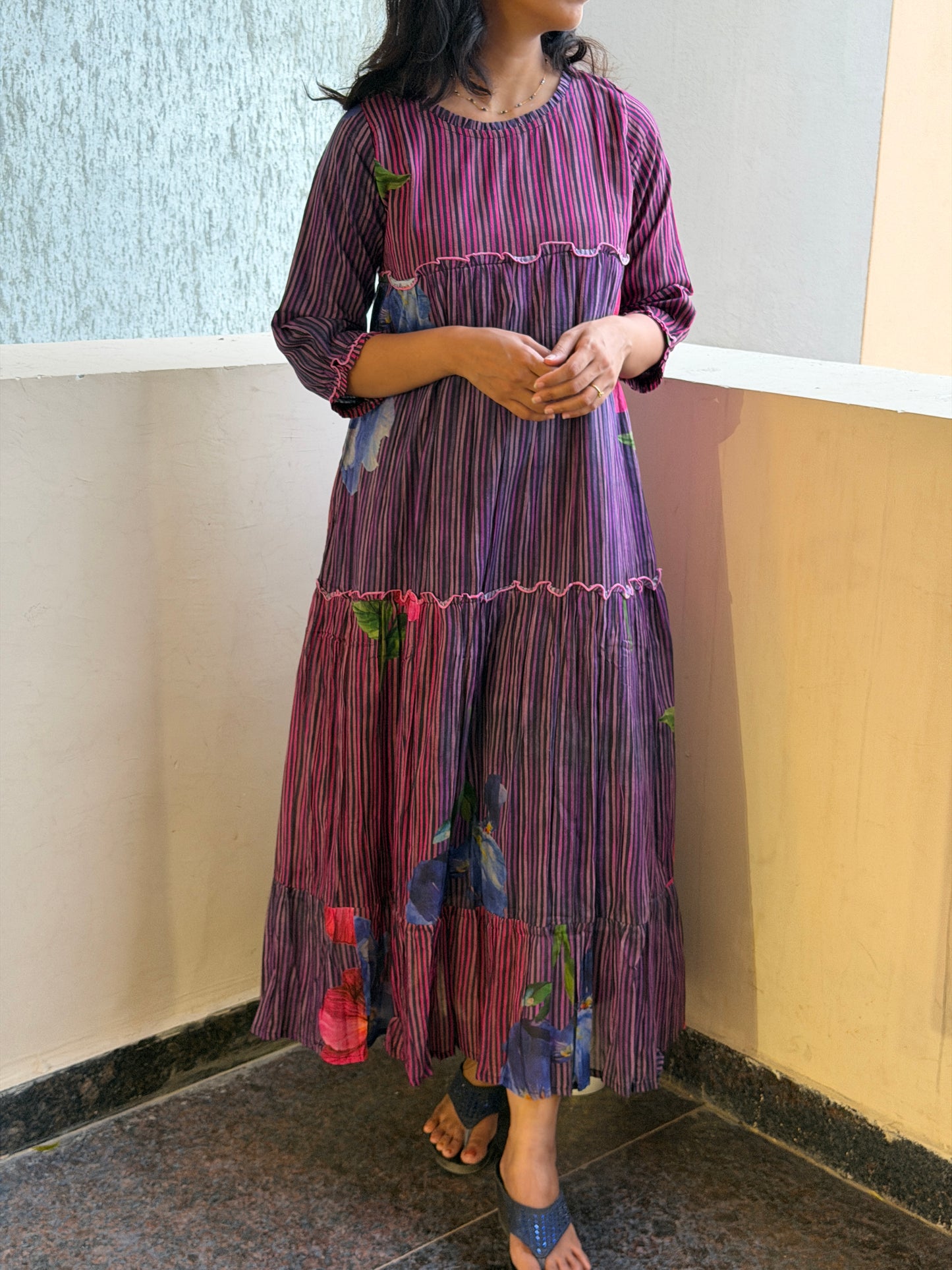 A0762 strips Mul cotton dress in blue and pink
