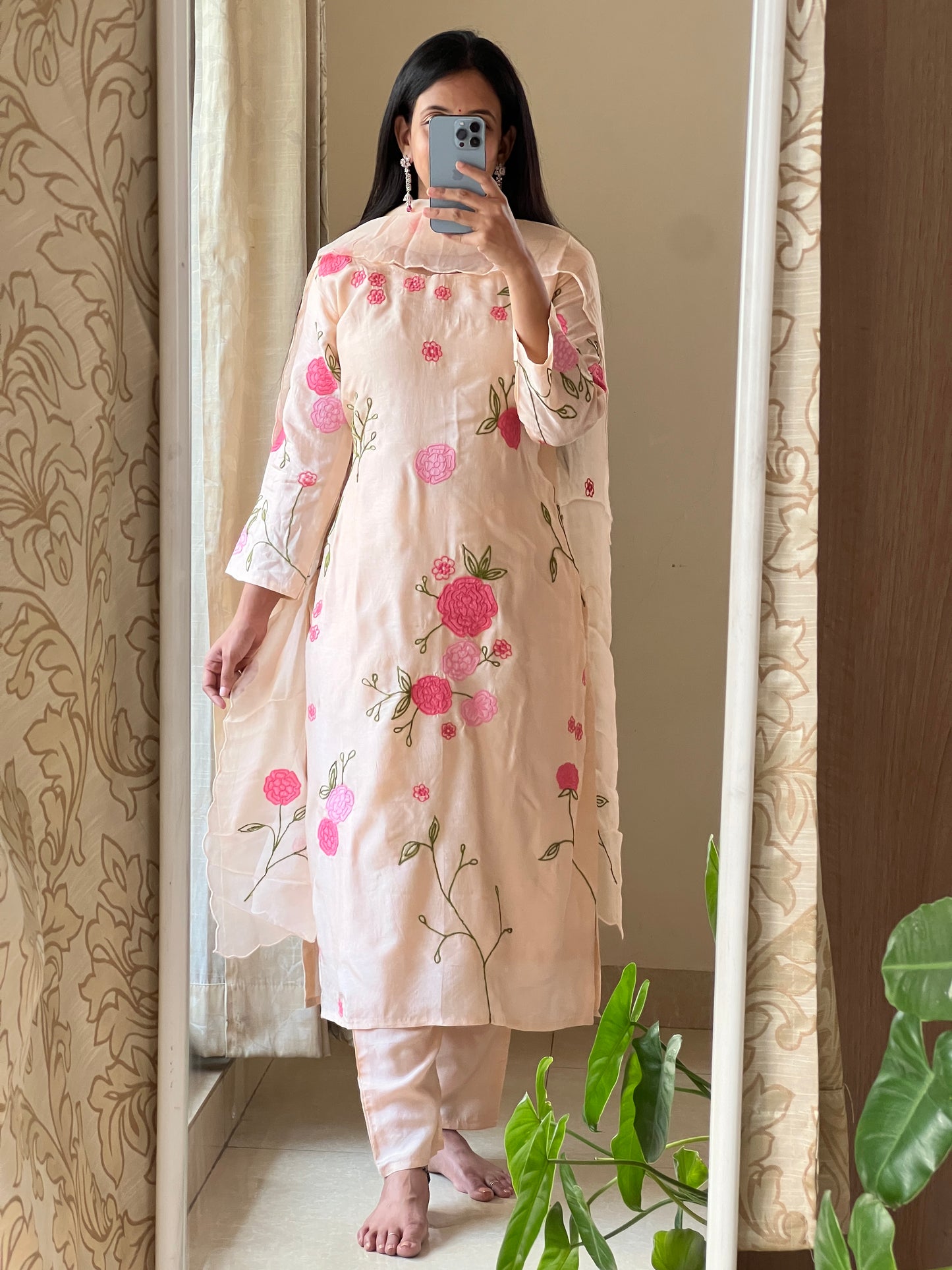A0439 light peach dola silk 3 piece dress with applique work detailing comes with organza dupatta