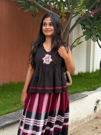 A0835 Handloom Cotton Black and Red checks Skirt and Top