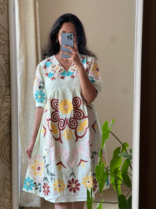 A0136 pure cotton pista green one piece short dress with machine embroidery