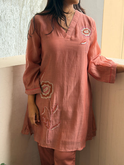 A0802 Mocha musse Premium Mul Chanderi 2pc set with embroidery detailing