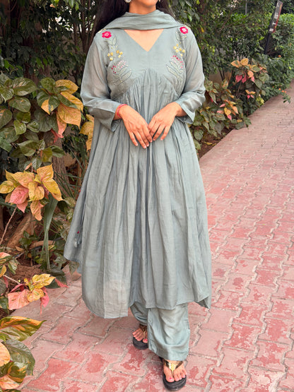A0703 grey mul chanderi 3 piece dress with hand embroidery detailing on yoke part