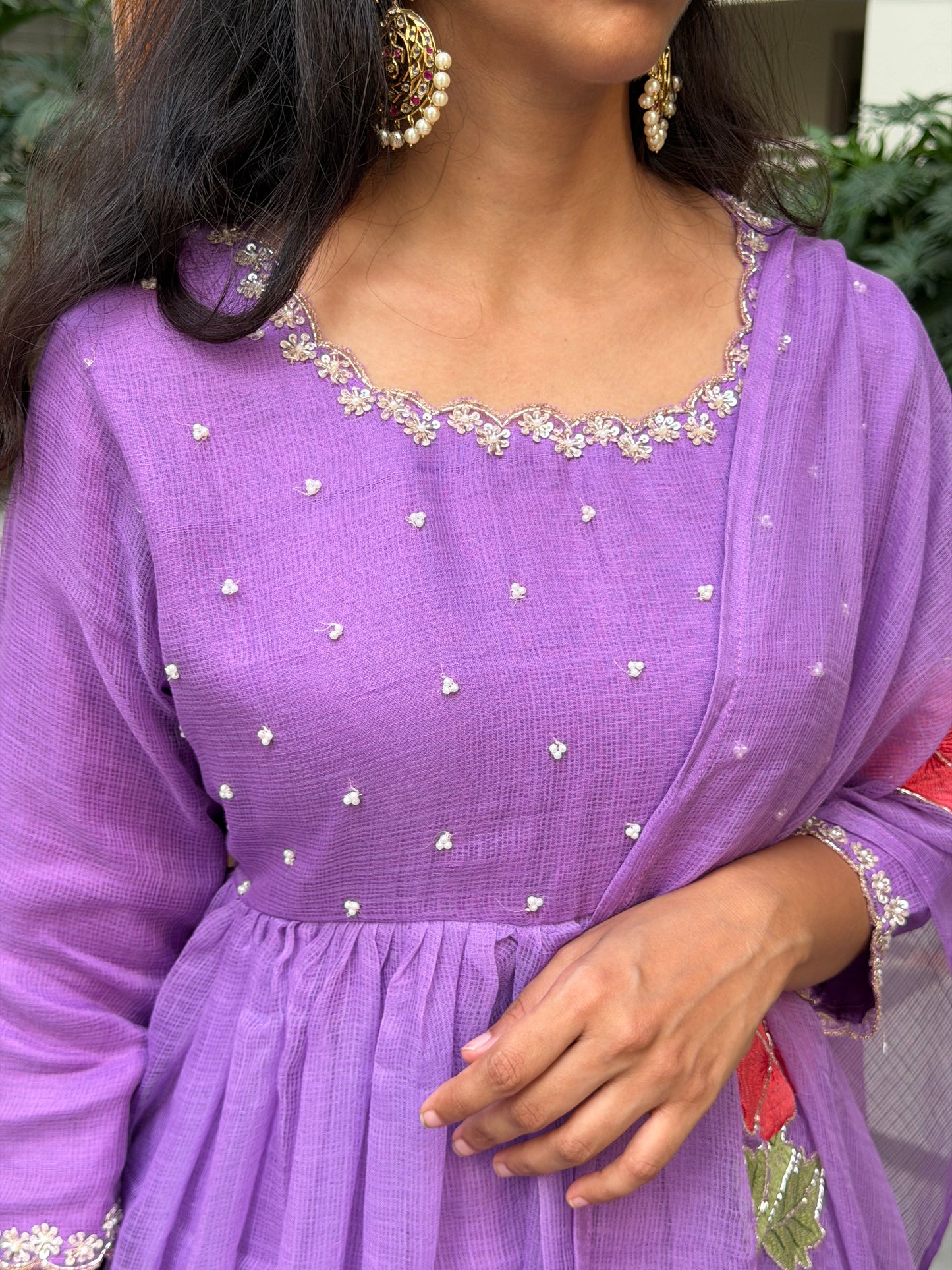 A0674 lavender Kota 3 piece dress with hibiscus butties embroidery all over the duppatta & pearl embroidery on yoke part