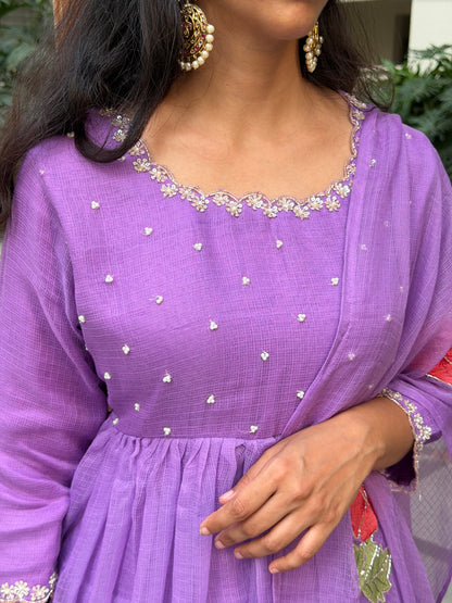 A0674 lavender Kota 3 piece dress with hibiscus butties embroidery all over the duppatta & pearl embroidery on yoke part