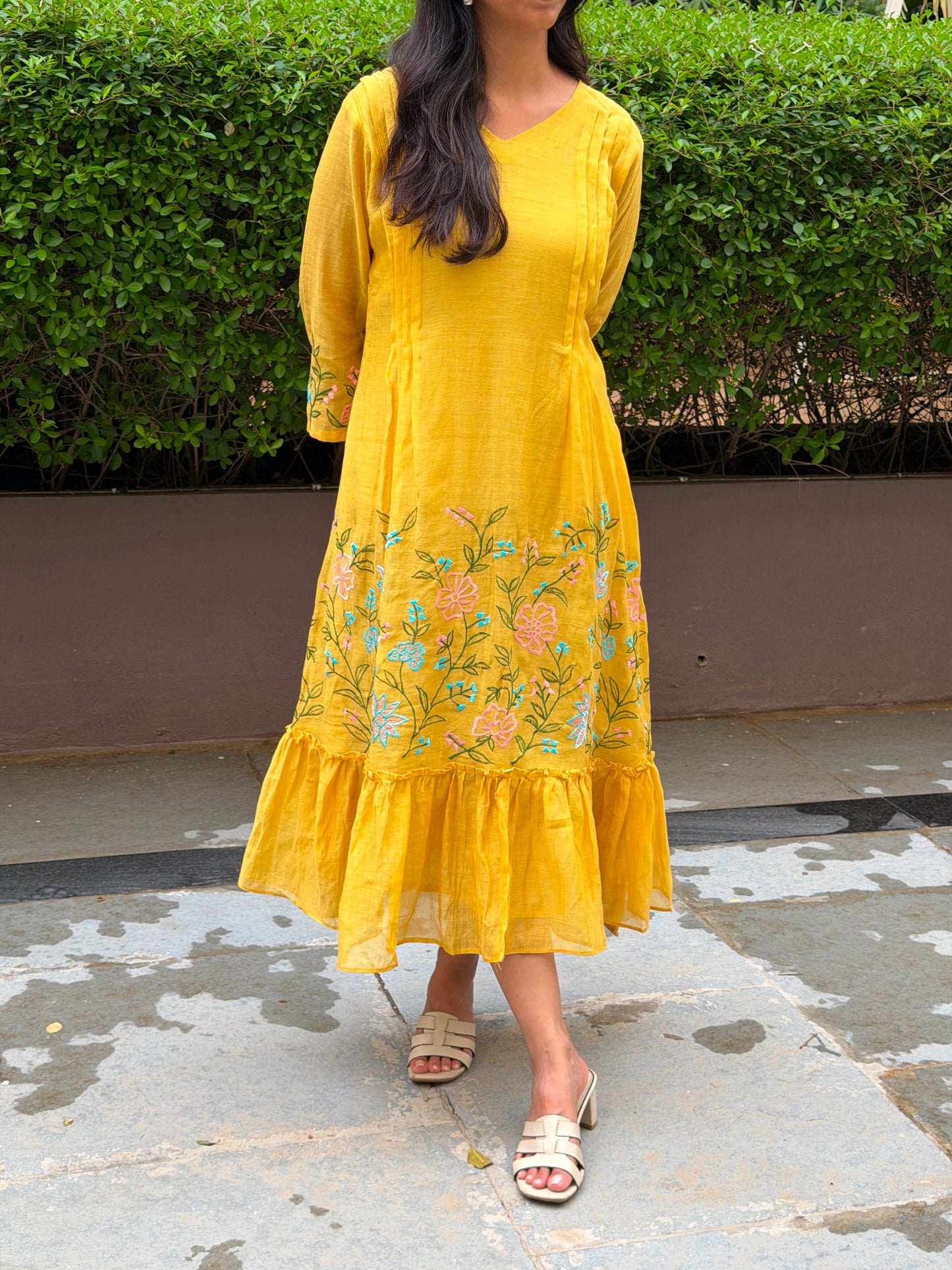 A0822 mustard mul chanderi one piece dress