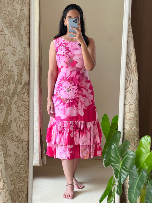 A0513 pink floral cotton silk one piece dress with digital floral printed pattern, sleeves are provided inside