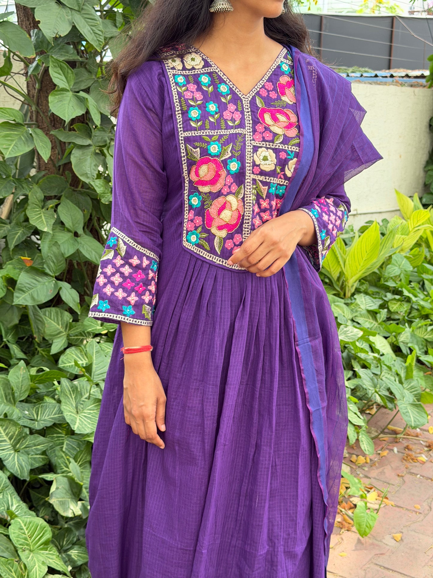 A0682 purple cotton kota 3 piece dress with embroidery on yoke part