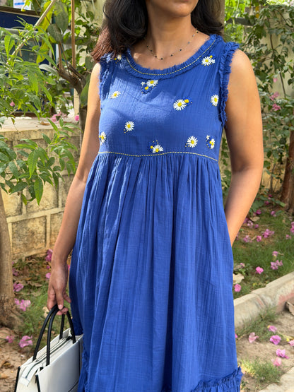 A0765 blue cotton one piece dress with hand embroidery detailing on yoke part