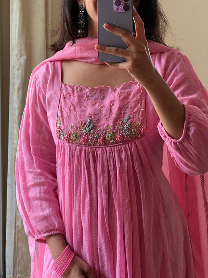 A0510 baby pink cotton kota 3 piece dress with hand embroidery detailing on yoke and butties all over dupatta