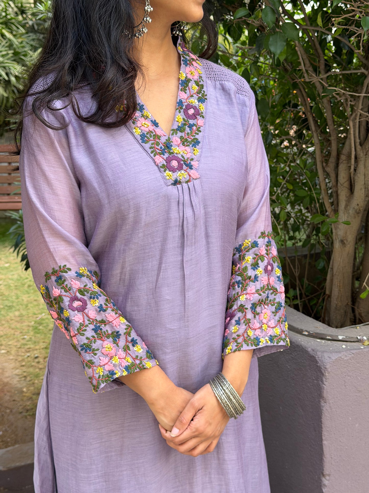 A0594 lavender mul chanderi coord set with lace & hand embroidery detailing