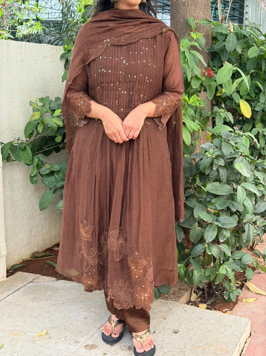 A0622 brown mul chanderi 3 piece suit with floral 3d embroidered & cut work for dress, sleeves & duppatta