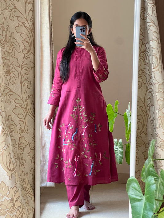 A0356 wine Mulmul 2 piece dress with hand embroidery detailing