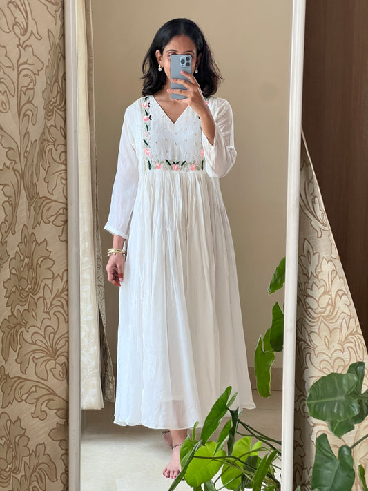 A0450 white chinnon one piece dress with hand embroidery detailing on yoke part
