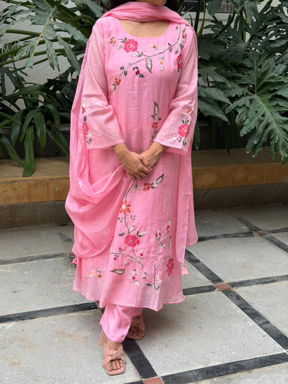 A0618 pink mul chanderi 3 piece suit with hand paint & hand embroidery detailing
