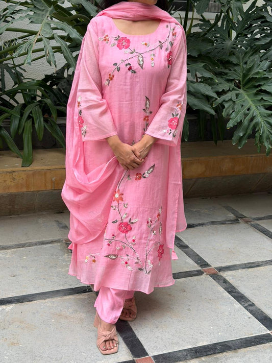 A0618 pink mul chanderi 3 piece suit with hand paint & hand embroidery detailing