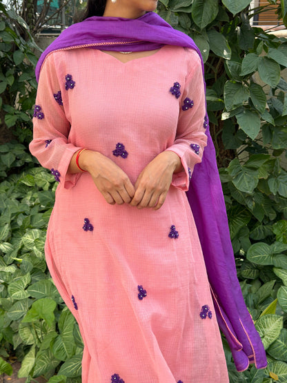 A0664 peach & purple Kota 3 piece dress with floral hand embroidery butties all over the dress