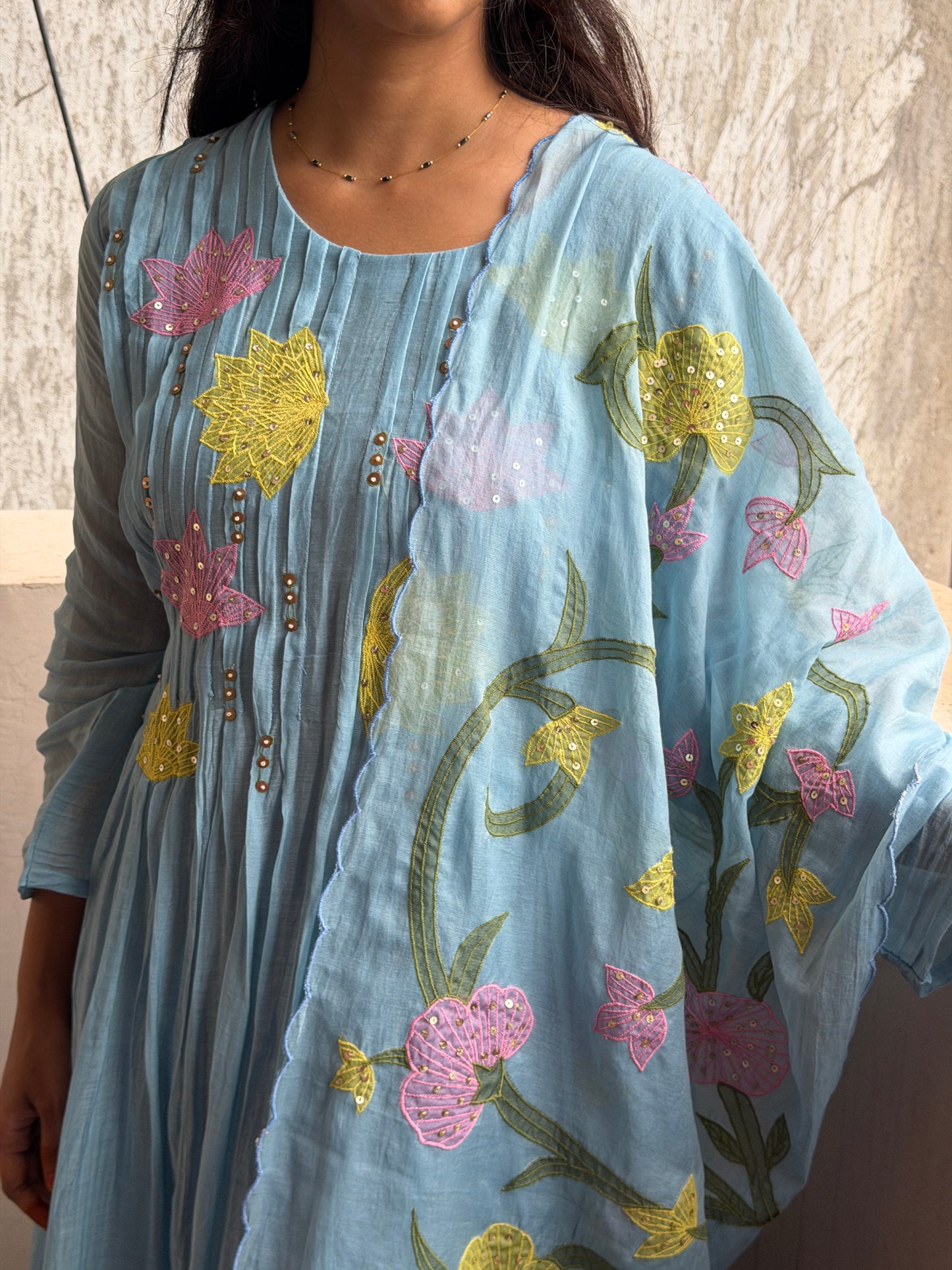 A0815 blue premium mul chanderi 3 piece suit with applique work