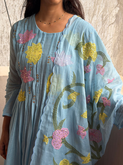 A0815 blue premium mul chanderi 3 piece suit with applique work