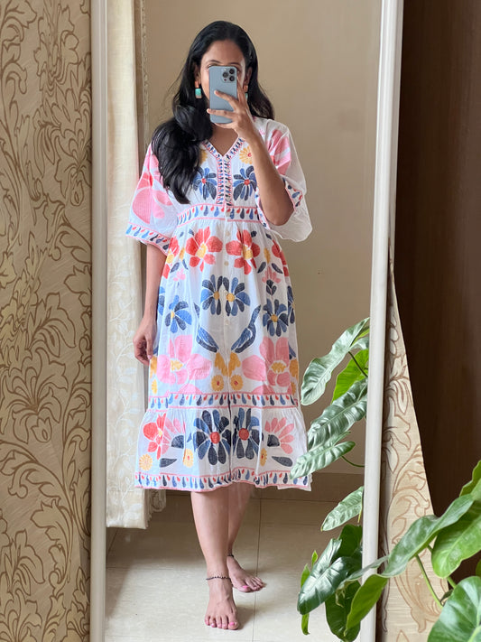 A0097 white Premium cotton one piece frock with buttons and hand embroidery detailing