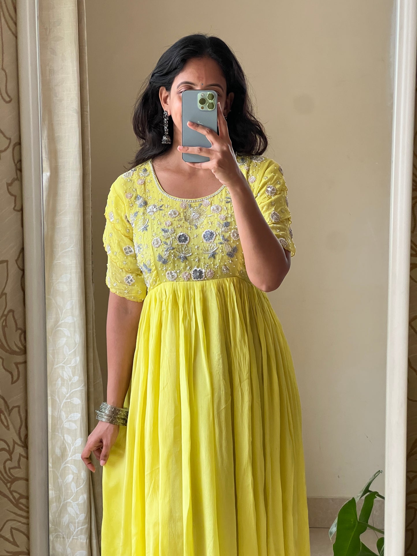A0496 yellow chinnon one piece dress with beads, zardosi & chips embroidery