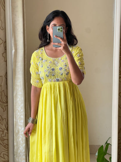 A0496 yellow chinnon one piece dress with beads, zardosi & chips embroidery