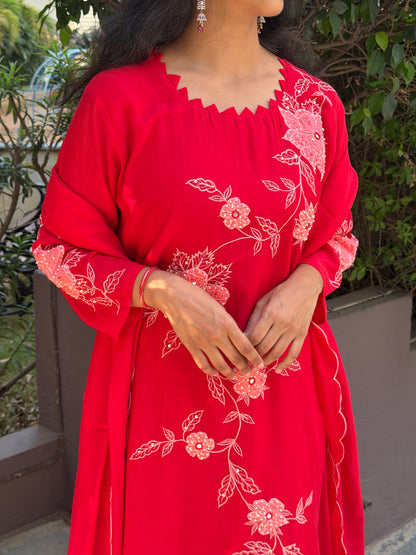 A0698 red mul chanderi 3 piece dress with applique & hand work detailing all over the dress