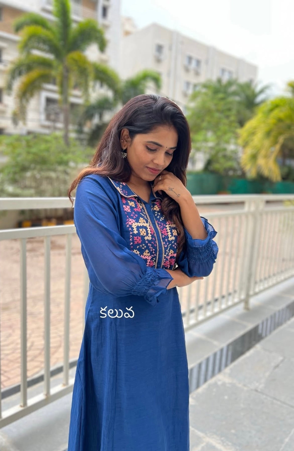 A0595 blue mul chanderi coord set with Kutch work embroidery