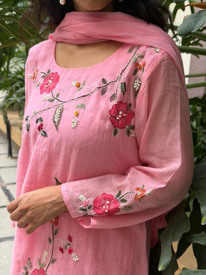 A0618 pink mul chanderi 3 piece suit with hand paint & hand embroidery detailing