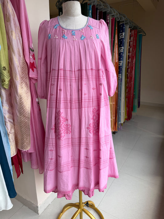 A0827 pink Jamdani one piece dress