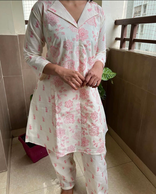 9062 half white Mulmul coord set with machine embroidery