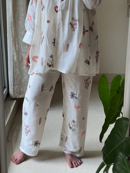 A0508 half white chinnon coord set with embroidery butties all over the dress