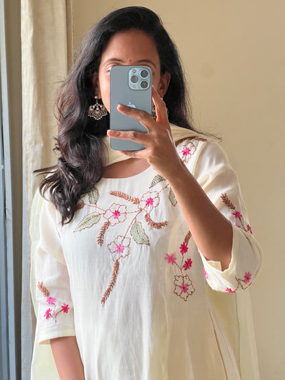 A0597 white mul chanderi 3 piece dress with hand embroidery detailing on yoke & butties on all over dupatta