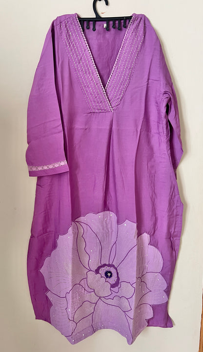 A0208 lavender muslin two piece set with big flower applique work detailing
