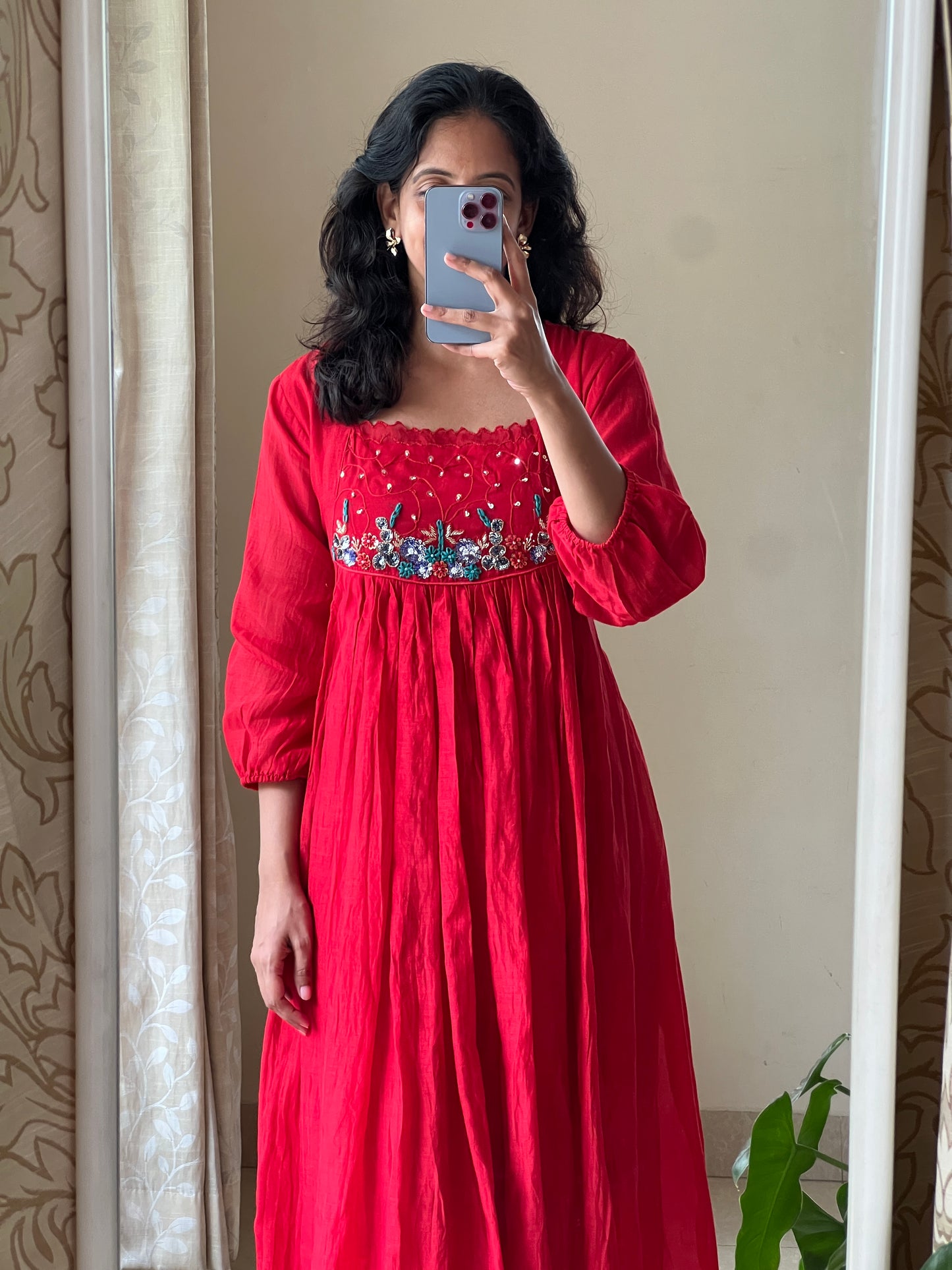 A0497 red mul chanderi one piece dress with hand embroidery detailing on yoke part