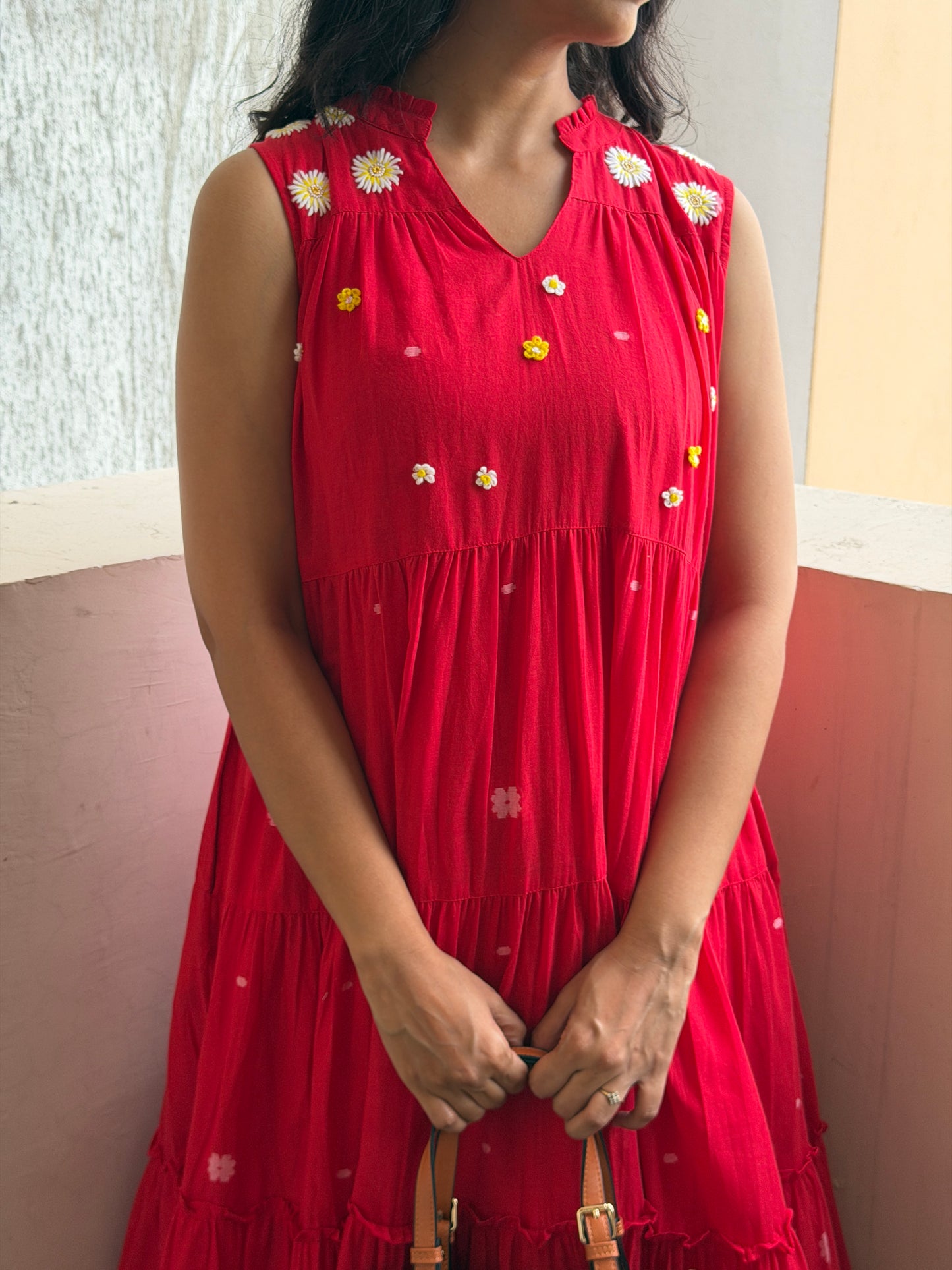 A0752 Red bengal cotton Jamdani one piece dress with hand embroidery on yoke part