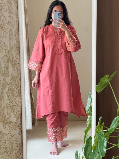 A0321 rust cotton 2 piece set with organza patch work detailing