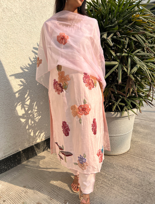 A0340 nude pink Dola silk 3 piece dress with applique work detailing
