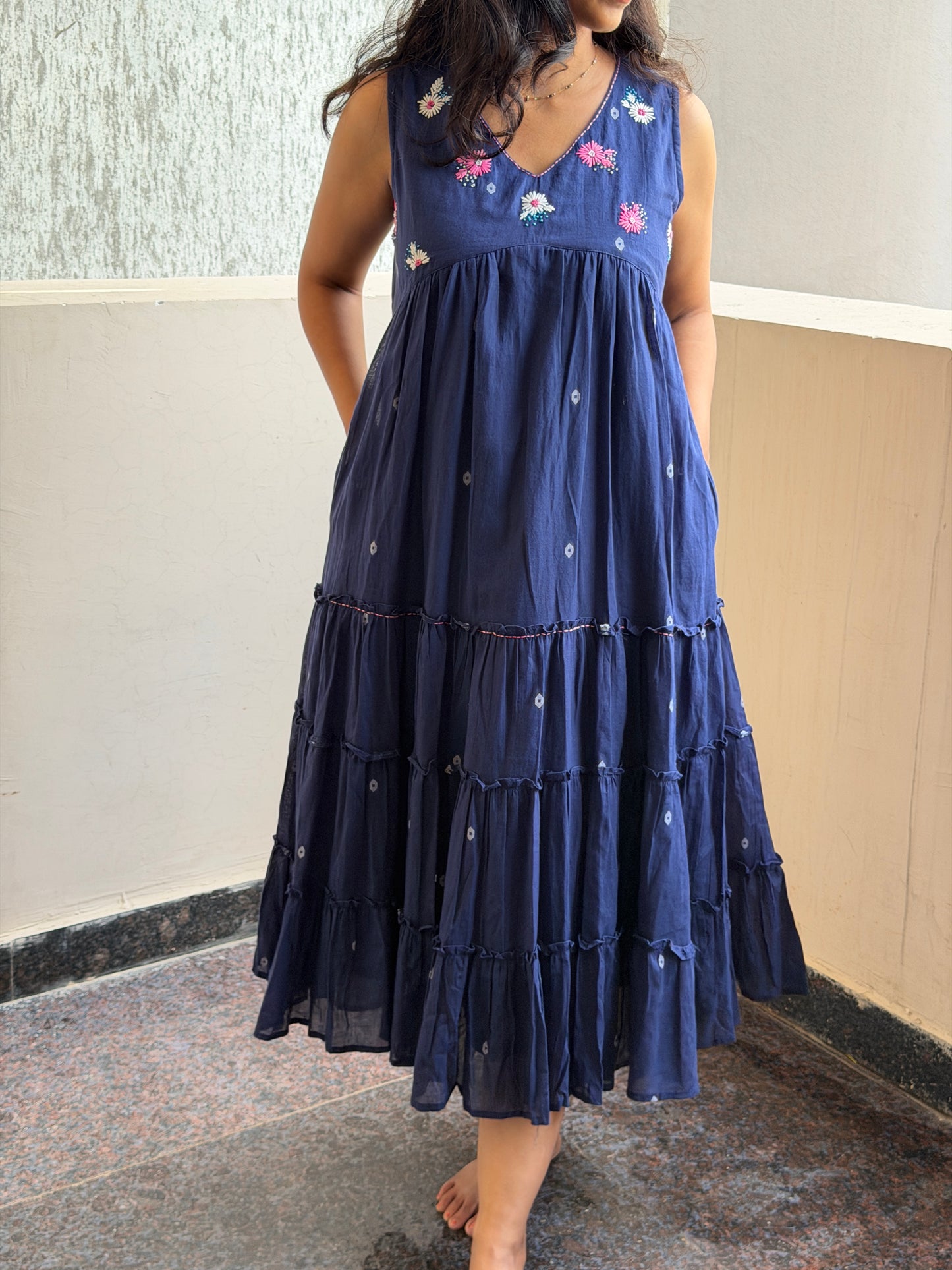 A0744 Blue Bengal cotton Jamdani dress with floral hand embroidery detailing