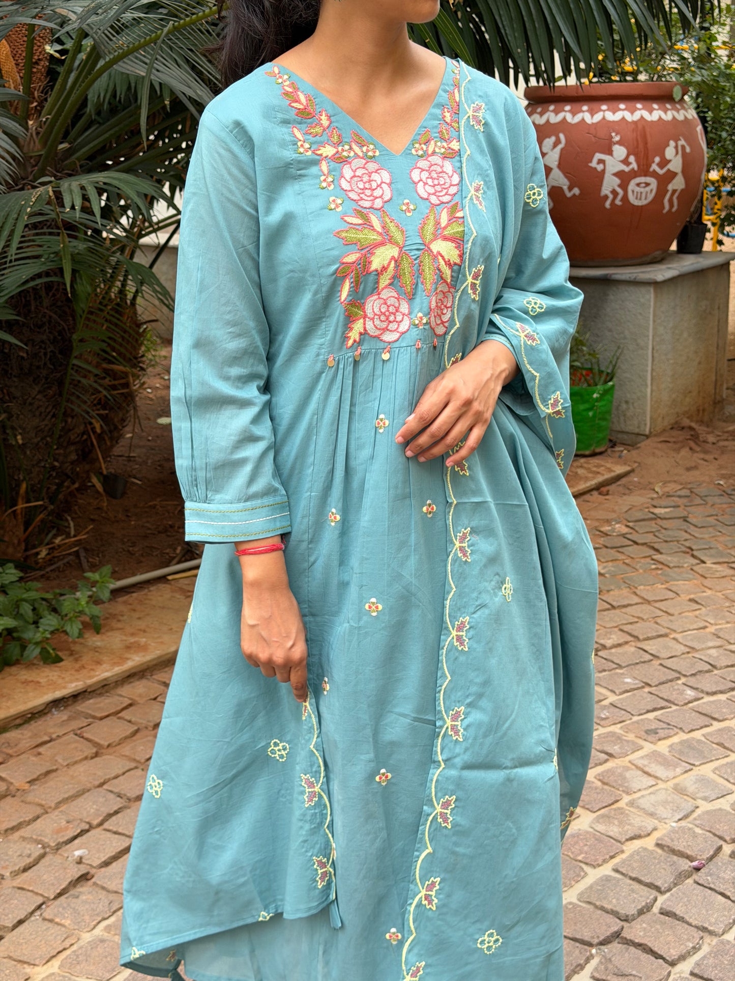 A0693 Chanderi 3pc set with Rose floral embroidery detailing