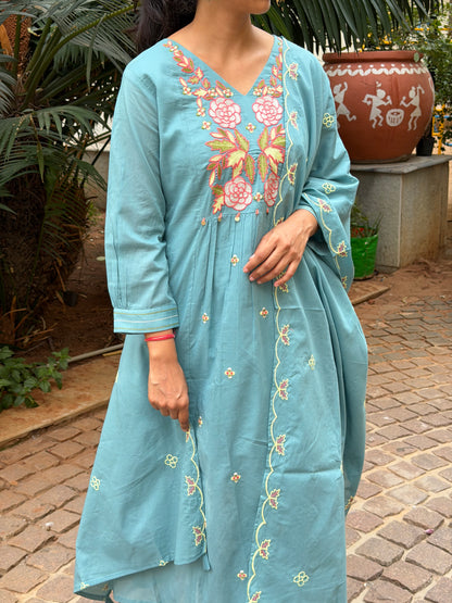 A0693 Chanderi 3pc set with Rose floral embroidery detailing
