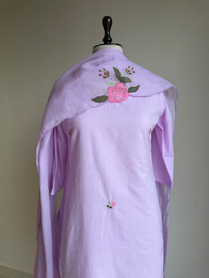 A0853 lavender mul cotton applique work 3 piece dress