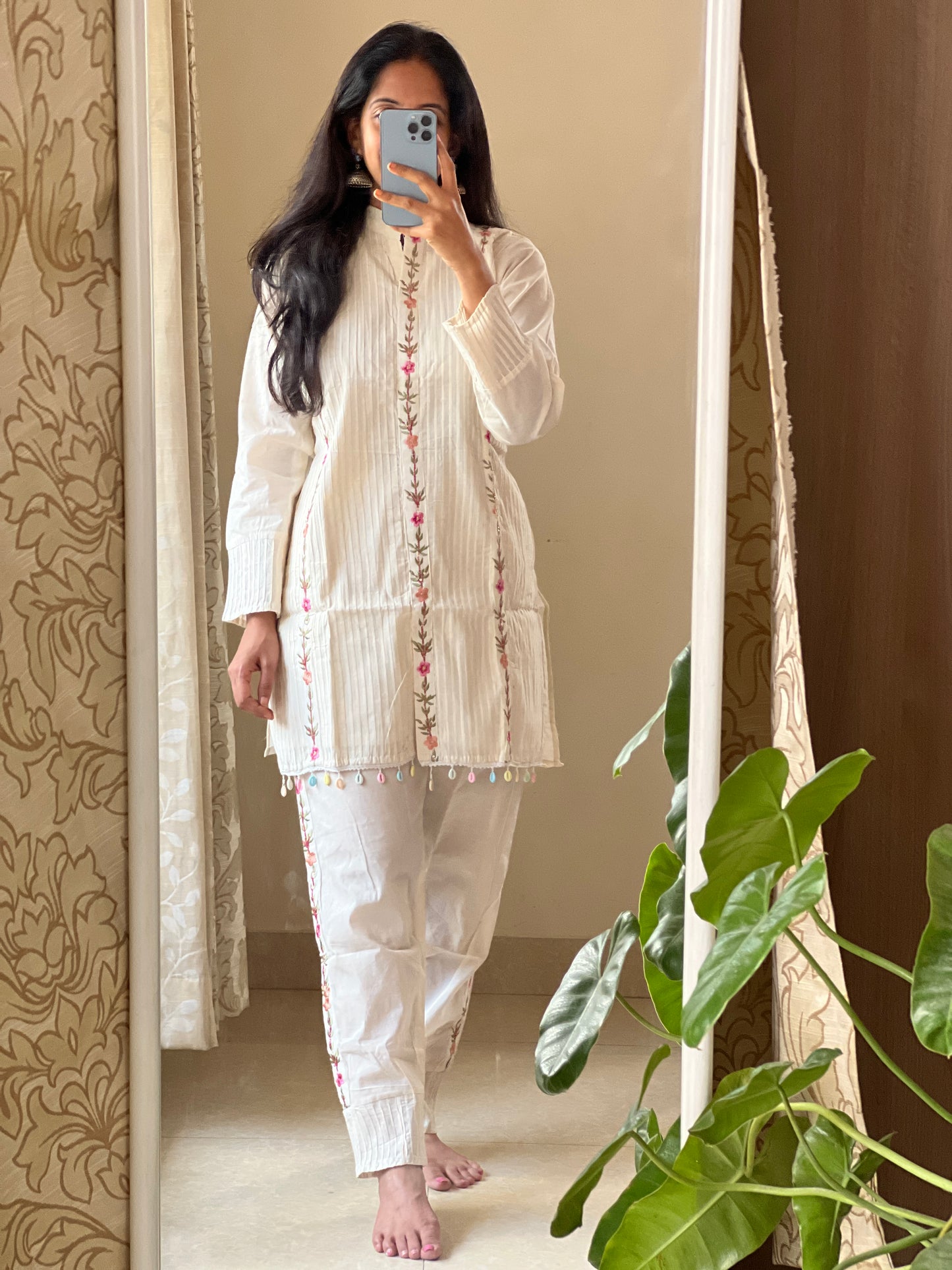 A0160 cream cotton coord set with machine embroidery detailing