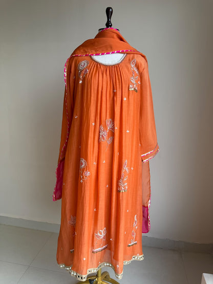 A0849 orange mul chanderi hand embroidery work 3 piece dress