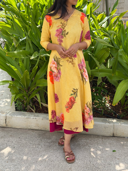 A0780 Cotton Kota Yellow digital print floral dress