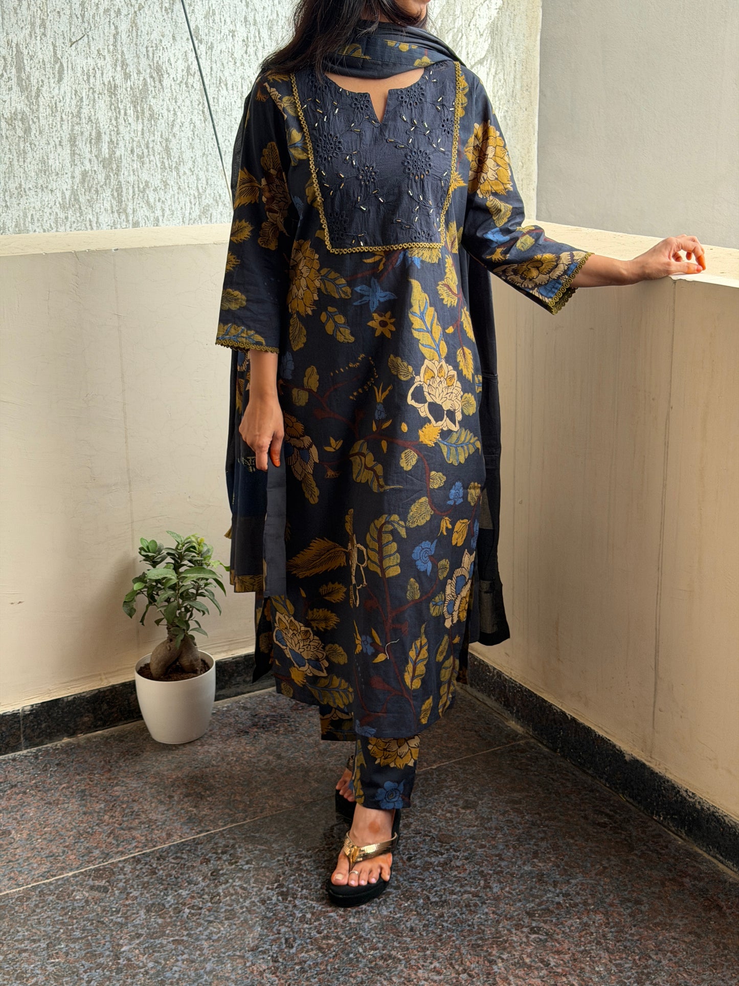 A0818 navy blue pure cotton kalamkari 3 piece suit