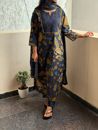 A0818 navy blue pure cotton kalamkari 3 piece suit