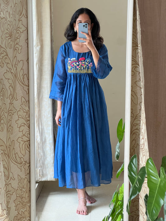 A0531 royal blue mul chanderi one piece dress with hand embroidery detailing on the yoke part